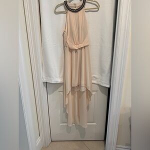 Sleeveless halter Beaded Neck High-Low hem-lined, fully lined Dress in Blush